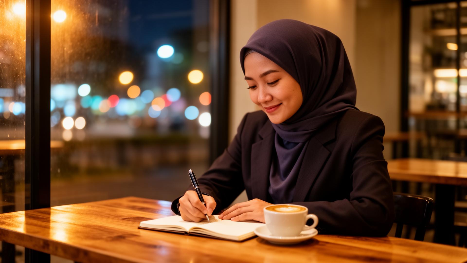 Professional reflecting and writing notes at a cafe