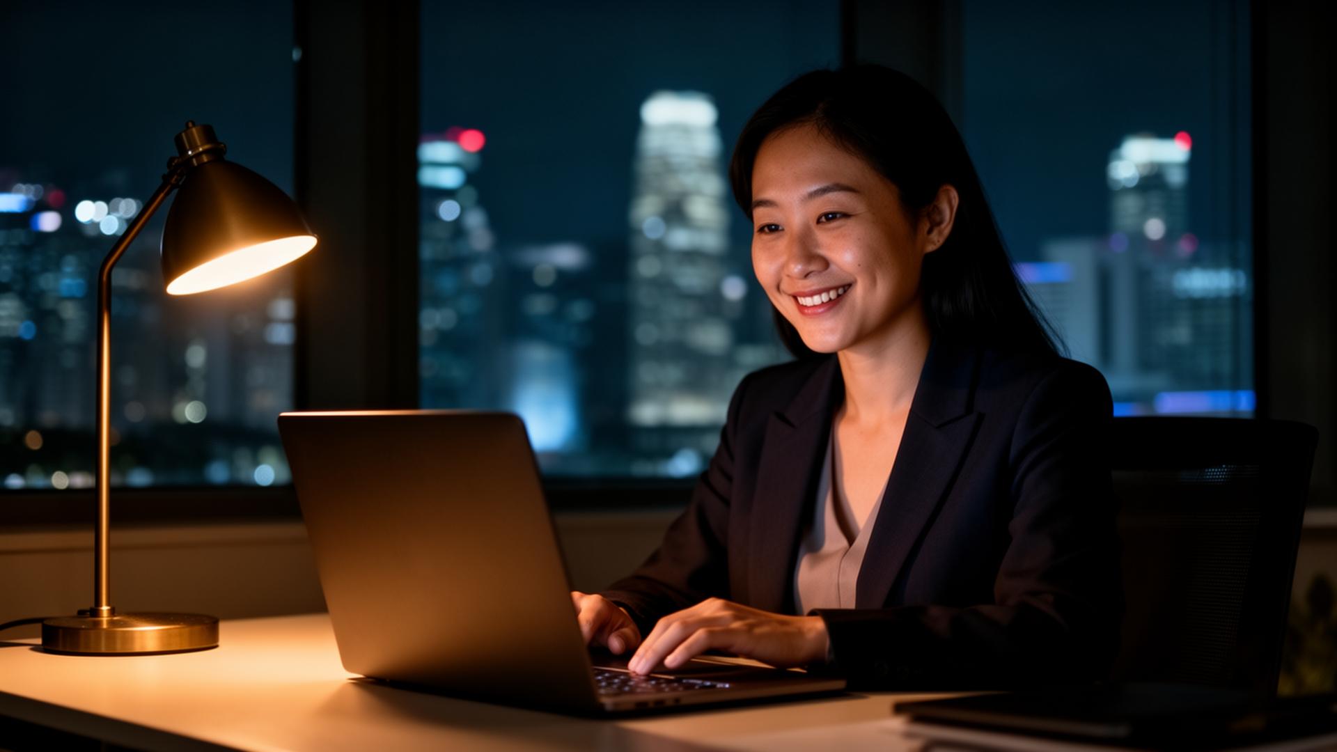 Professional working at night with city lights in background